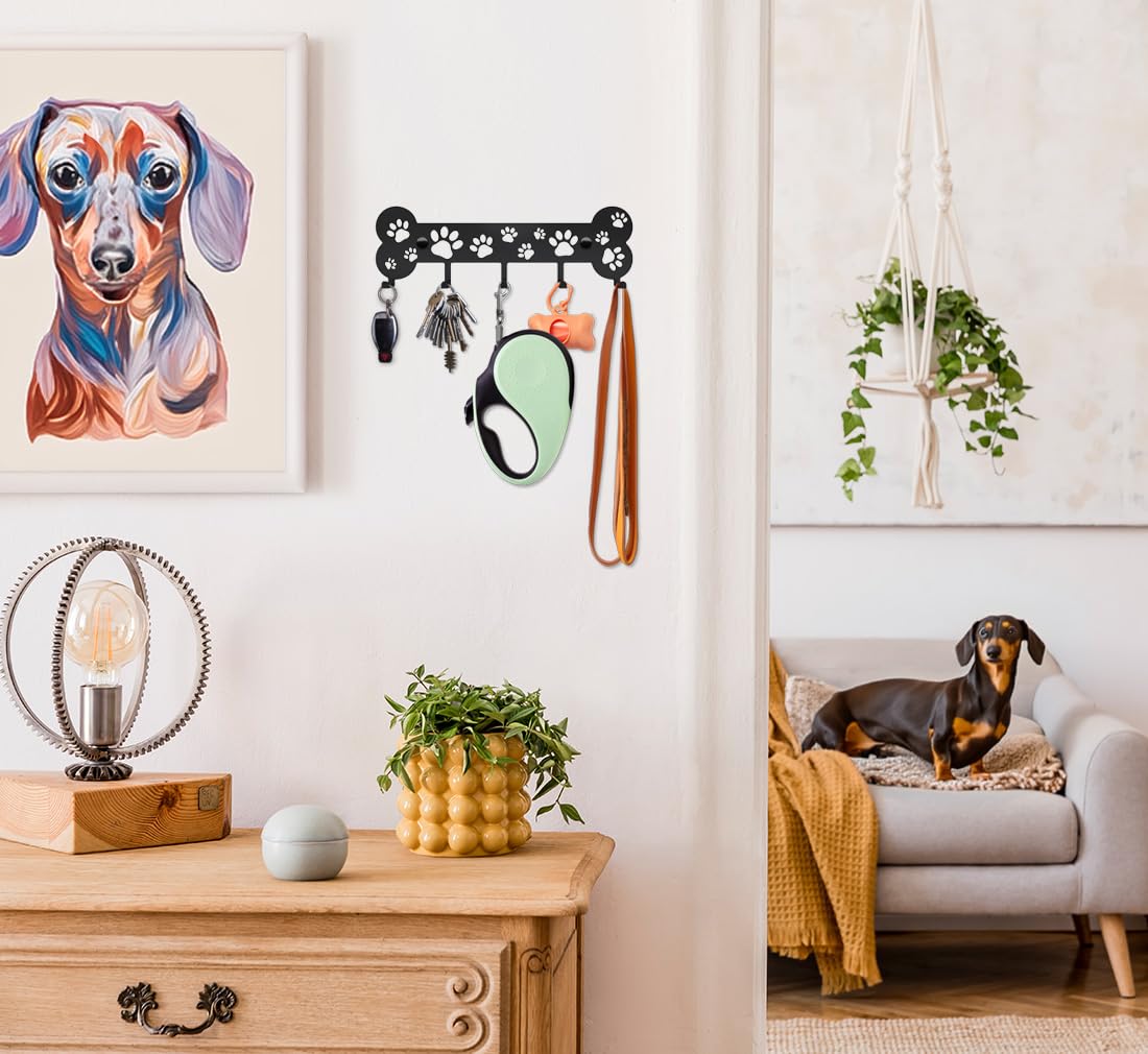 Dog Leash Holder Wall, Dog Leash Hanger Pet Leash Hook Bone and Paw Design - Unique Metal Key Holder for Wall - Decorative Dog L
